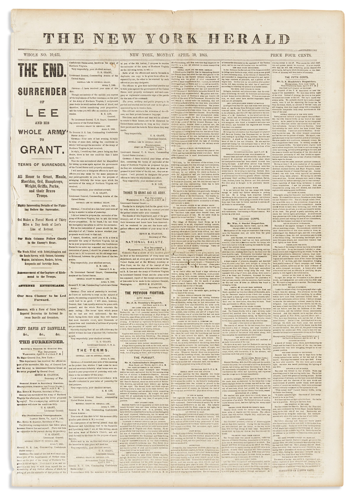 (CIVIL WAR.) Issue of the New York Herald announcing The Surrender of Lee and His Whole Army.